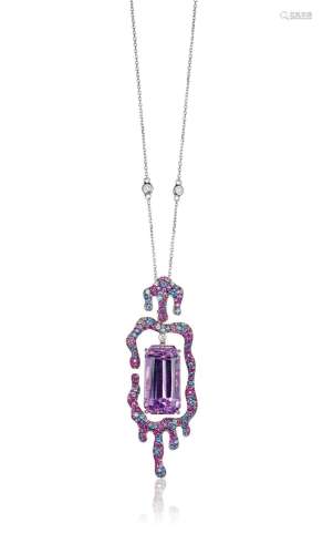 黛琳珠宝设计 紫锂辉石，钻石配蓝宝石挂坠项链 / 耳环