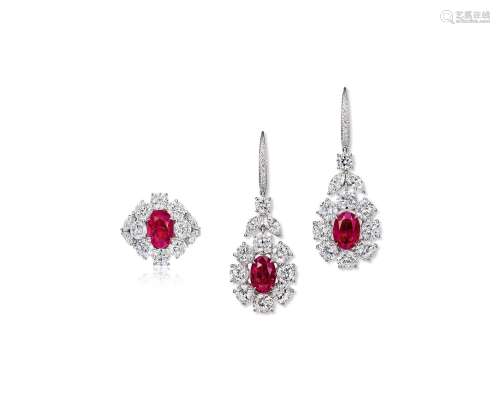 缅甸红宝石配钻石戒指及耳环套装，未经加热