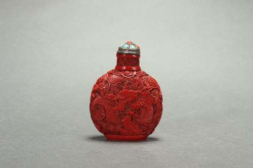 Chinese Carved Lacquer Snuff Bottle with Dragon Design and T...