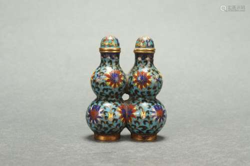 Chinese Cloisonne Diptych Gourd-shaped Snuff Bottle, Qing Dy...