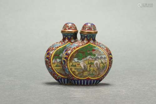 Chinese Diptych Snuff Bottle with Crane Patterns on A Decora...