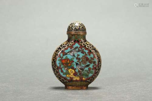 Chinese Cloisonne Snuff Bottle with Flower and Bird Design, ...