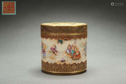 Color Enameled Covered Jar with Gold Outlining and  Buddha M...