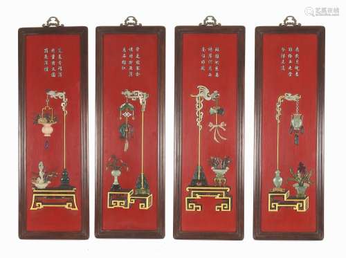 Chinese Lacquer Four Screens with Treasures Inlaid