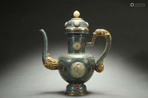 Chinese Cloisonne Ewer with Jade Inlaid, Qianlong Reign Peri...