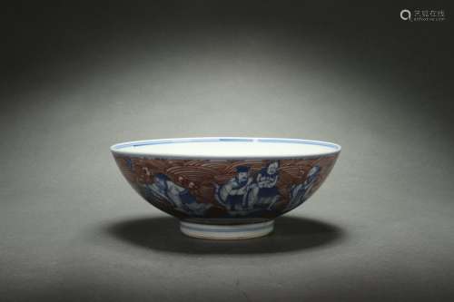 Blue-and-white Bowl with Underglazed Red Figure Stories Desi...