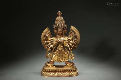 Gilt Bronze Statue of Buddha with Three Heads and Eight Arms...