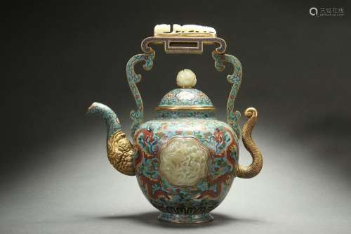 Chinese Cloisonne Ewer with Jade Inlaid, Qianlong Reign Peri...