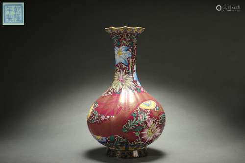 Carmine Red Glazed Vase with Dragon Design, Qianlong Reign P...