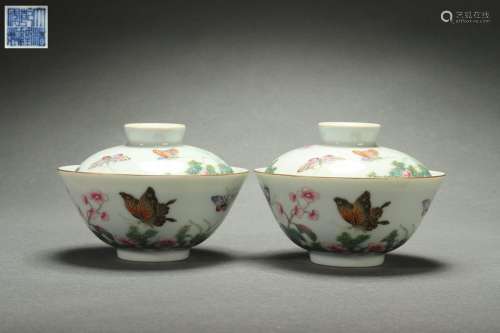 A Pair Famille Rose Covered Bowls with Flower and Butterfly ...
