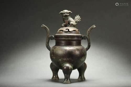 Chinese Censer with Court Hat-shaped Handles and Animal-shap...