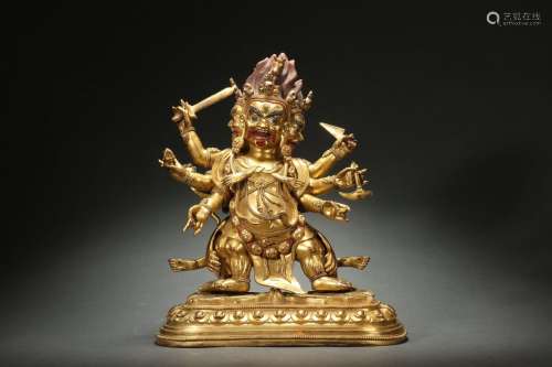 Gilt Bronze Vajra Statue with Three Heads and Six Arms Desig...