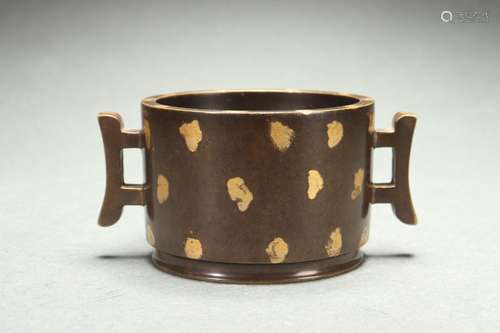 Chinese Bronze Censer with Gold Snowflake Design and Halberd...