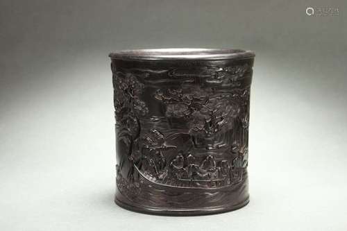 Chinese Red Sandalwood Brush Holder with Carved Figure Stori...