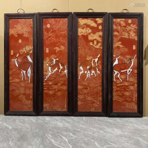 红木镶瓷板画珐琅掐丝梅花鹿四条挂屏
