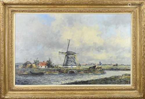 M. de Jongere, Dutch polder view with windmill