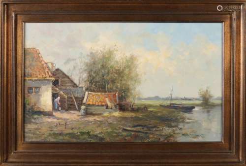 Jan Schaeffer, Landscape with Farm, Boat and Peasant Woman
