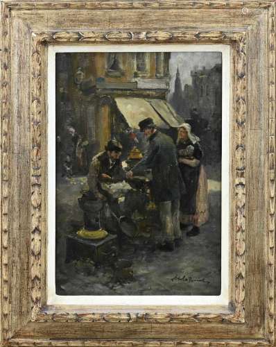 A. de la Riviere, Market view with figures at a pan seller