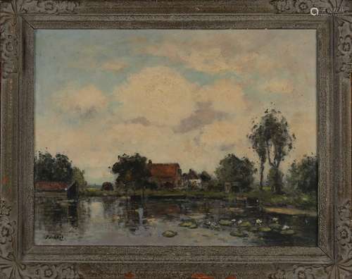 Pieter de Regt, Lake view with water lilies and farm