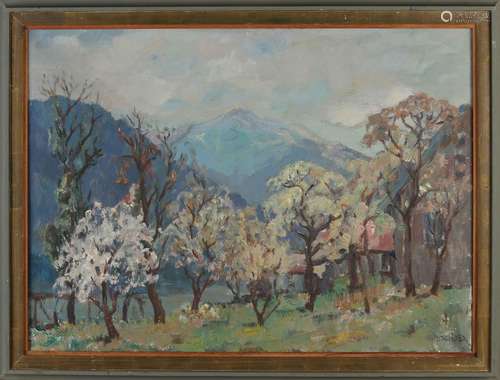 A. Potgieter, Mountain landscape with blossom trees