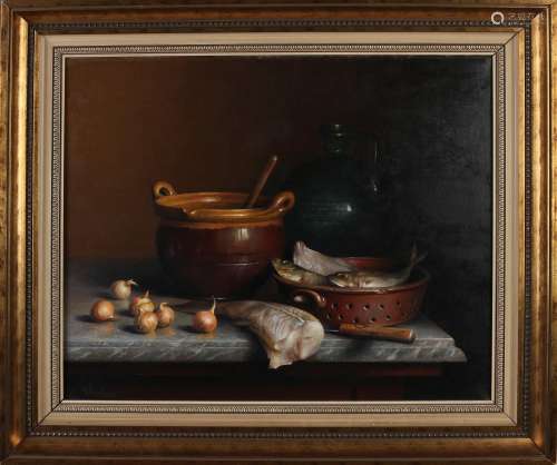 Anton Verhoeven, Still life with pottery and fish