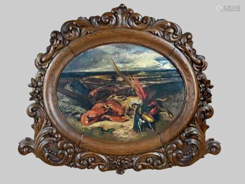 Unsigned, Panoramic landscape with lobster, hare and bird