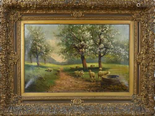 M. Hendriks, Landscape with Shepherdess and Blossom Trees
