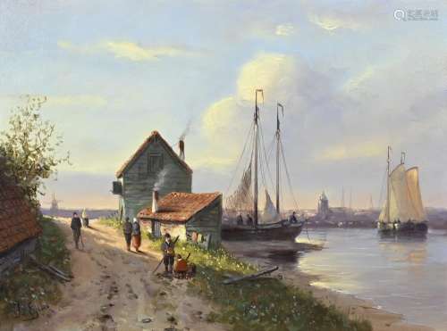 J. Eijk, Dutch harbor view with figures