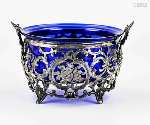 Silver bowl with blue glass