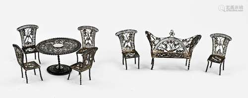 Silver miniature set of chairs and sofa.