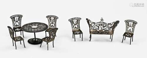 Silver miniature set of chairs and sofa.