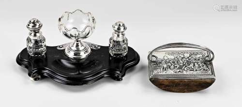 Antique ink set & blotter with silverware