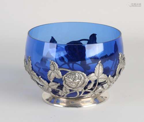 Silver bowl with blue glass