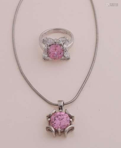 Silver necklace & ring pink stone