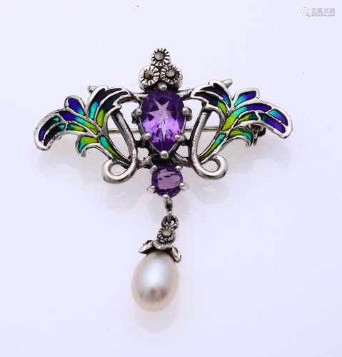 Silver brooch/pendant with amethyst and pearl