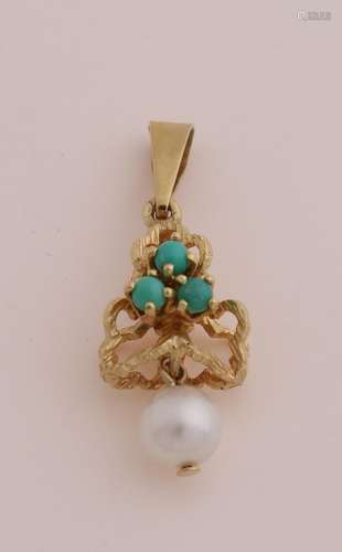 Gold pendant with pearl and turquoise.