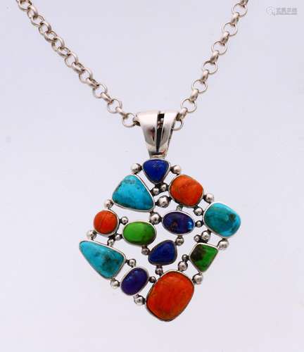 Silver necklace and pendant with precious stones