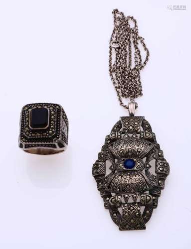 Silver pendant and ring with marquise