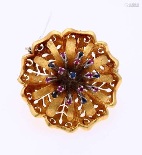 Golden brooch flower with sapphire and ruby