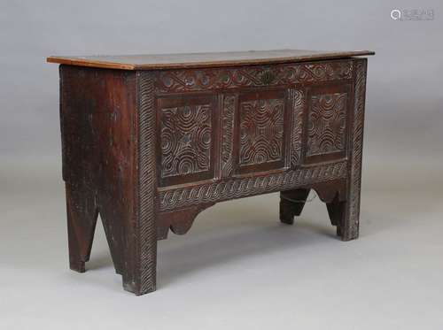 A late 17th century oak boarded coffer with original wire hi...