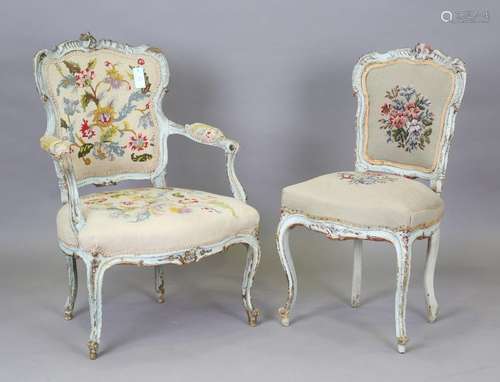 A 19th century Louis XV style pale blue painted showframe fa...