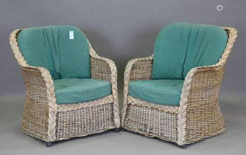 A pair of wicker conservatory tub back armchairs, height 83c...