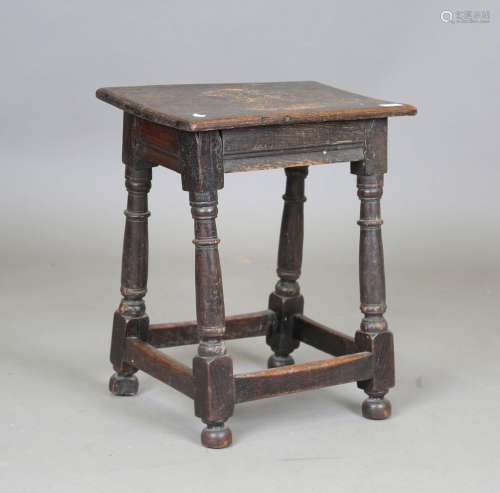 A 17th century and later oak joint stool, height 54cm, width...