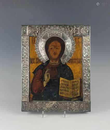 19C Russian Silver Icon Christ Pantocrator