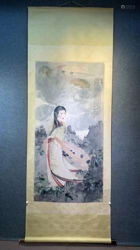 Chinese Ink Color Scroll Painting w Calligraphy