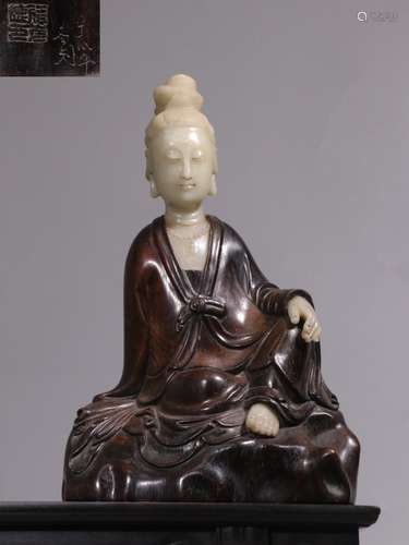 Chinese Zitan Wood Carved Guanyin w Jade Inlaid