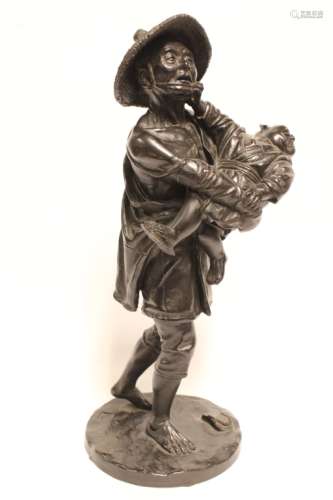 Signed,Japanese Bronze Man Holding a Kid