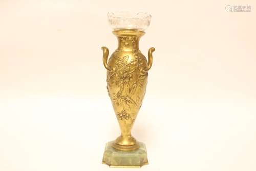Art Nouveau Bronze Flower Vase w Onxy Base,Signed