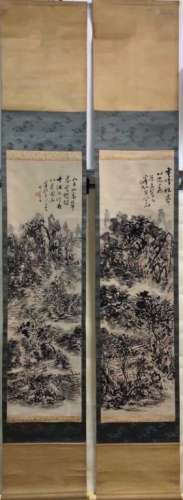 Pair Chinese Ink Color Scroll Painting