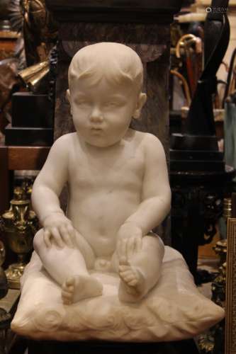 19th.C Marble Boy Seating on Pillow, Signed